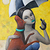 Mujer con perros y paraguas- Oleo sobre tela 77 x 62 cm
