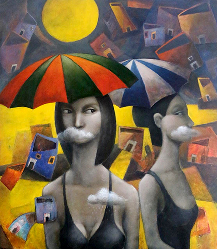 Mujeres con sombrillas. Oleo sobre lienzo 80 x 70 CM	