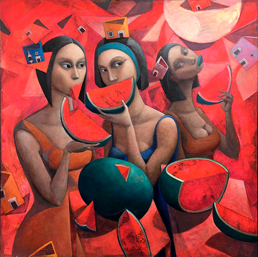 Mujeres con sandía. Oleo sobre lienzo. 120x120 cm